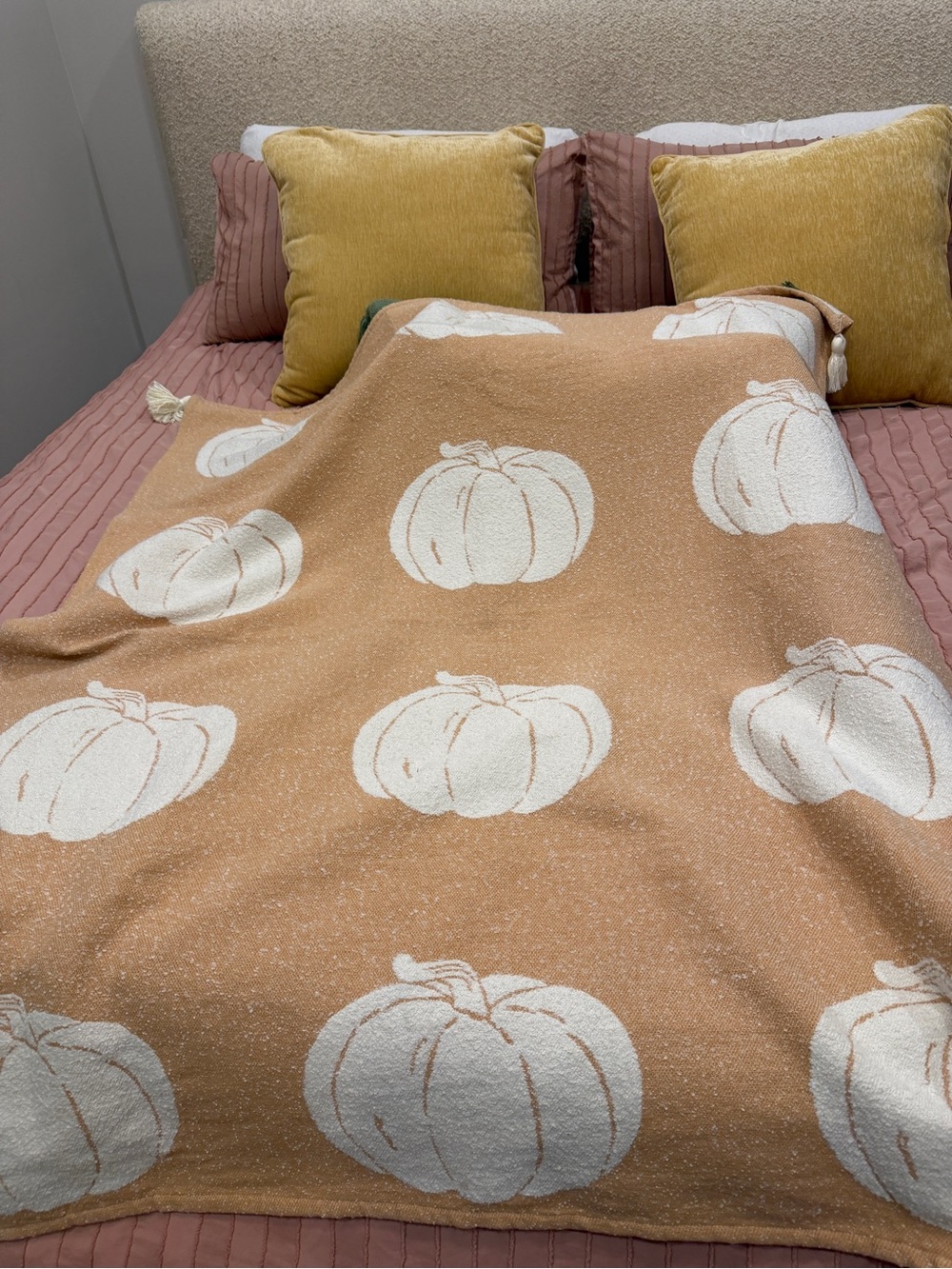 Cozy Pumpkin Knit Throw Blanket in Tan and White